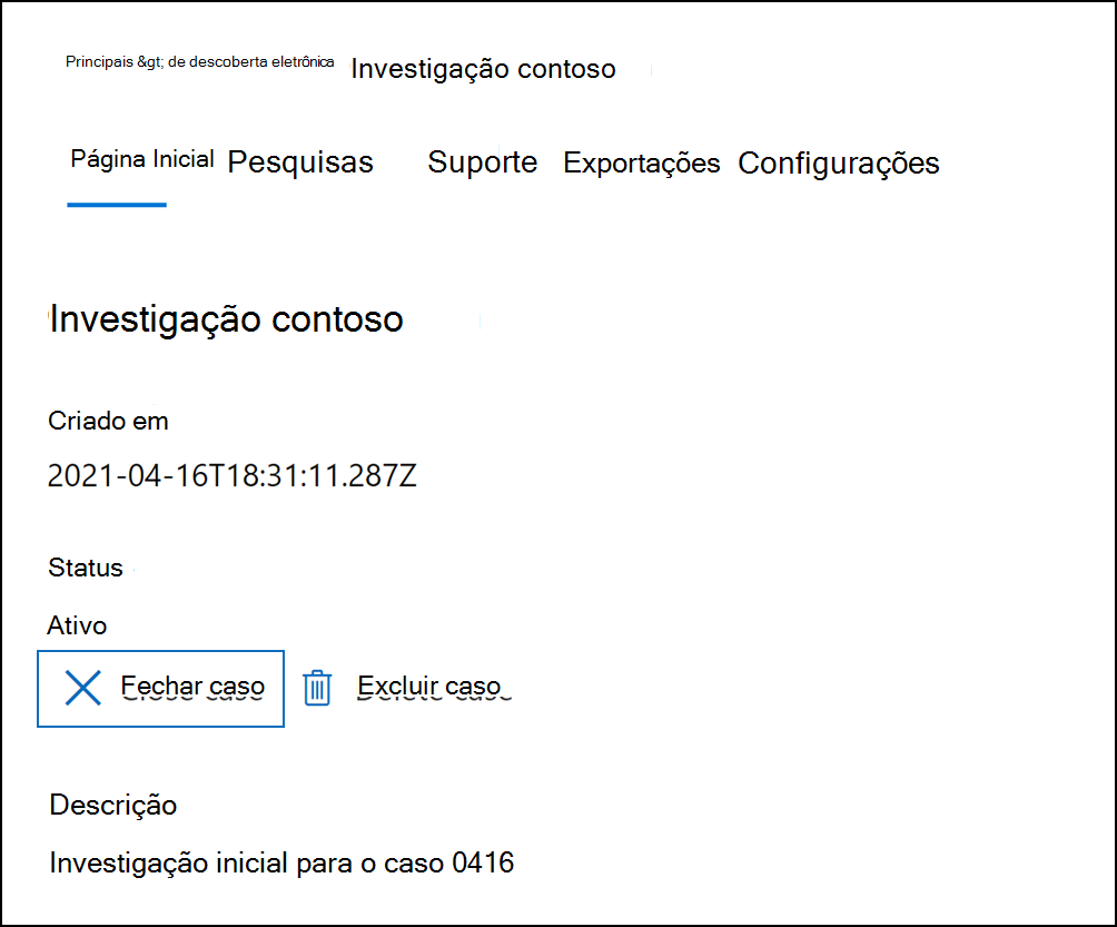 Captura de tela da guia “Página Inicial” do caso mostrando a opção “Fechar caso” realçada.