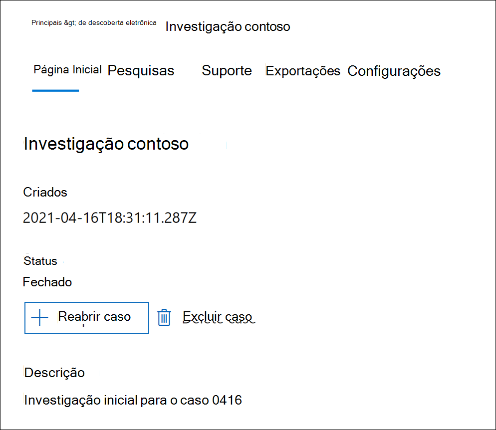 Captura de tela da guia “Página Inicial” do caso mostrando a opção “Reabrir caso” realçada.