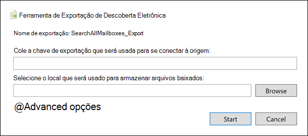 Captura de tela mostrando a janela da ferramenta de exportação de Descoberta Eletrônica e o campo para colar na chave de exportação.