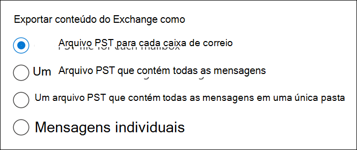 Captura de tela mostrando as opções para exportar o conteúdo do Exchange descrito abaixo desta imagem.