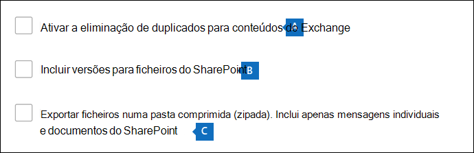 Captura de tela mostrando as opções de exportação restantes descritas abaixo desta imagem.