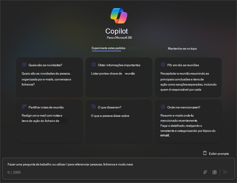 Captura de tela do Microsoft Copilot com experiência de chat baseado no Graph no Microsoft Teams.