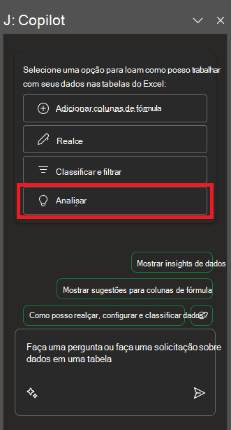 Captura de tela do painel do Copilot no Excel na primeira abertura.