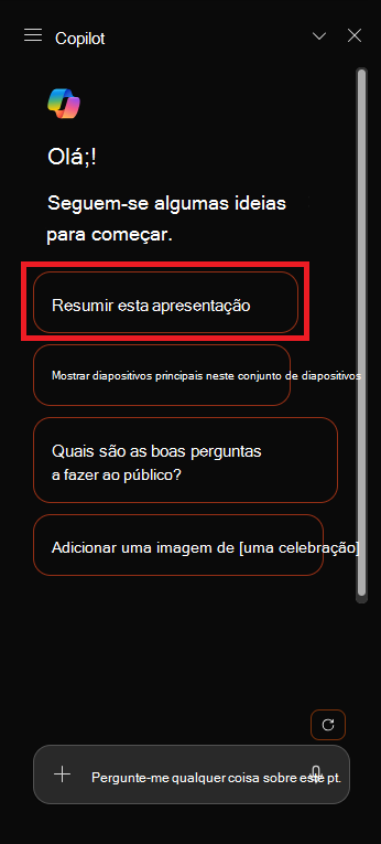 Captura de tela do painel Copilot no PowerPoint na primeira abertura.