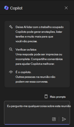 Captura de tela do painel do chat do Copilot no Teams na primeira abertura.