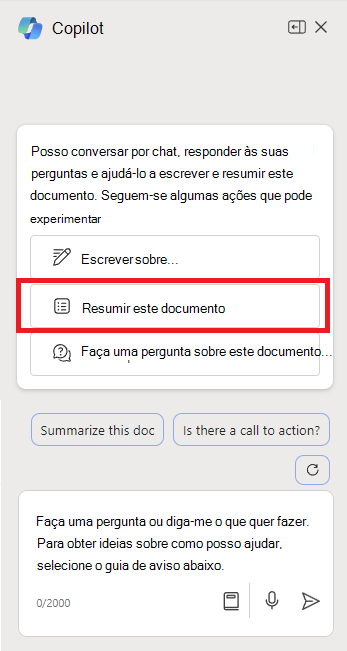 Captura de tela do painel do Copilot no Word ao ser aberto pela primeira vez.