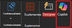 Captura de tela do ícone do Copilot na faixa do PowerPoint.