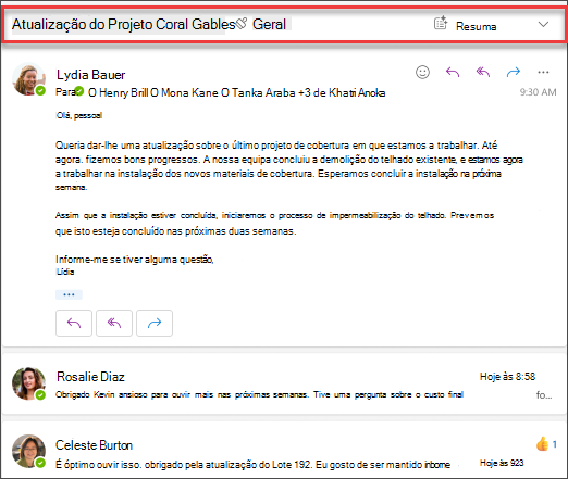 Captura de tela da experiência Resumo do Copilot no Outlook.