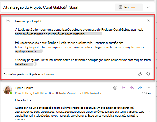 Captura de tela dos resultados do Resumo do Copilot no Outlook.