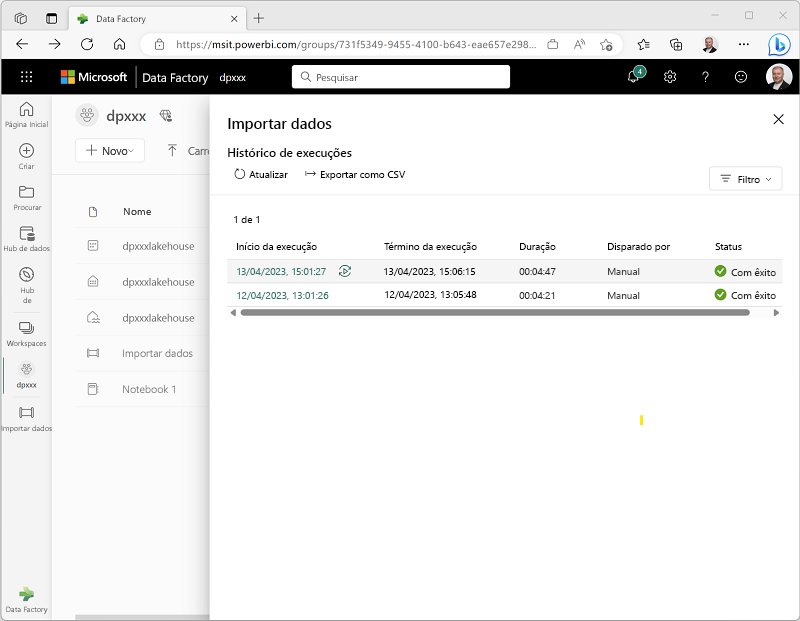 Captura de tela do histórico de execuções de um pipeline no Microsoft Fabric.