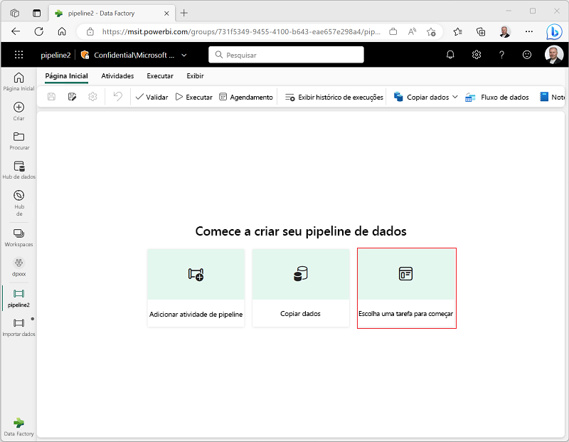 Captura de tela do bloco “Escolher uma tarefa para começar”.