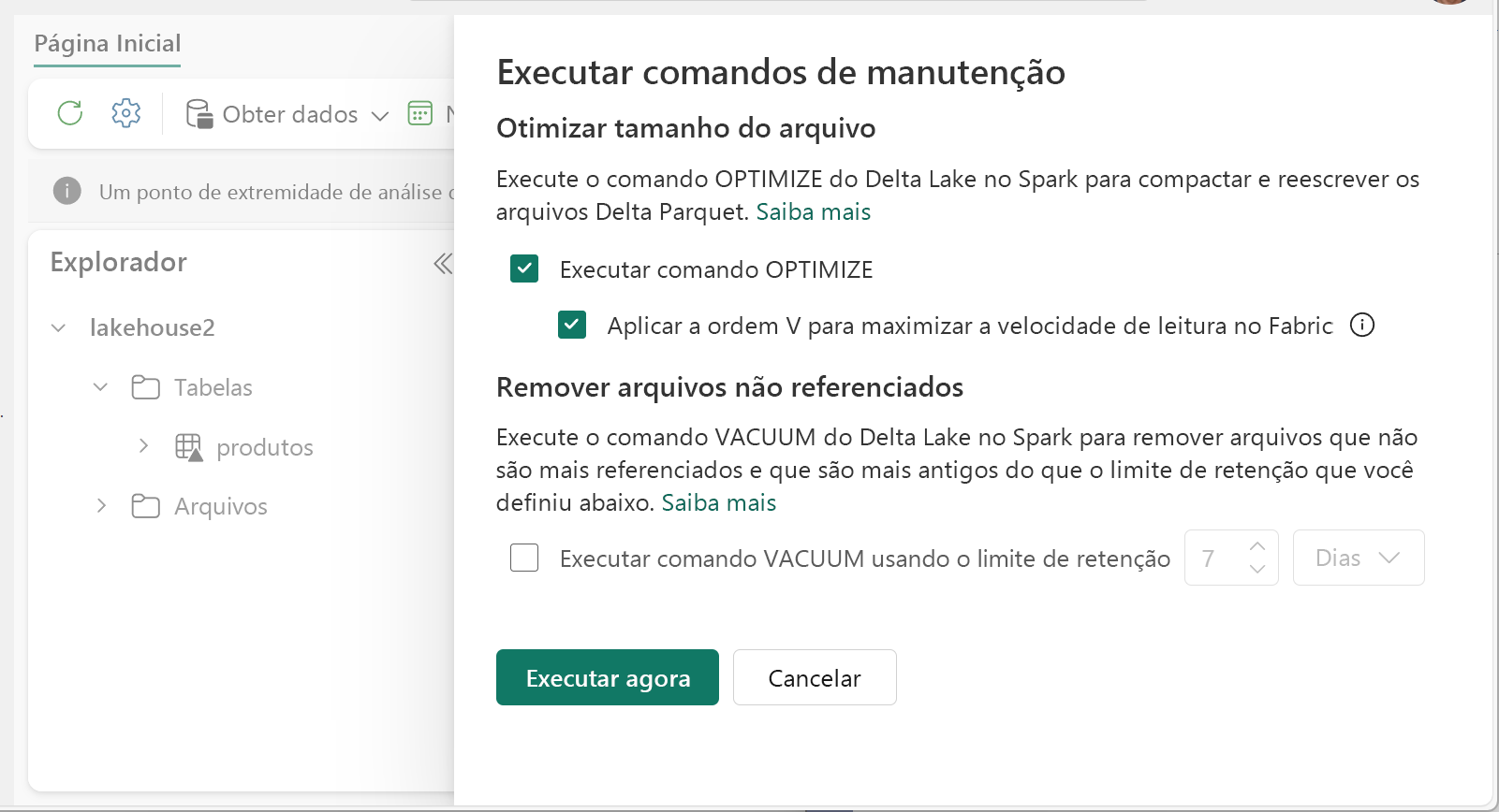 Captura de tela de manutenção de tabela com V-Order selecionado