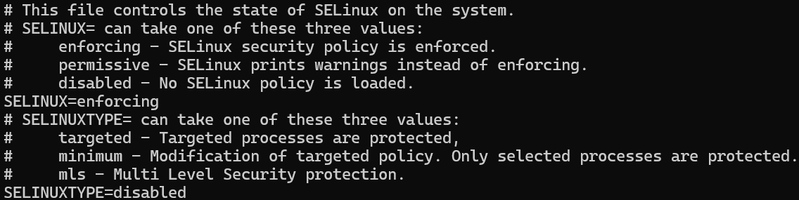 Captura de tela que mostra que a chave SELINUXTYPE está definida incorretamente como desabilitada.