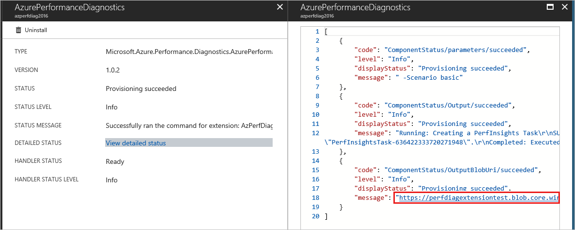 Captura de tela do status detalhado do Diagnóstico de desempenho e do link de download da extensão.