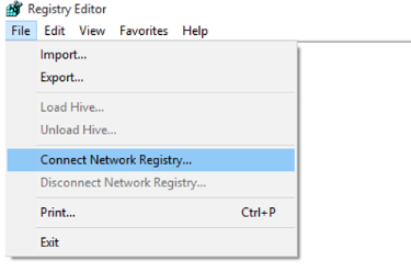 Captura de tela do Connect Network Registry... opção no menu Arquivo do Editor do Registro