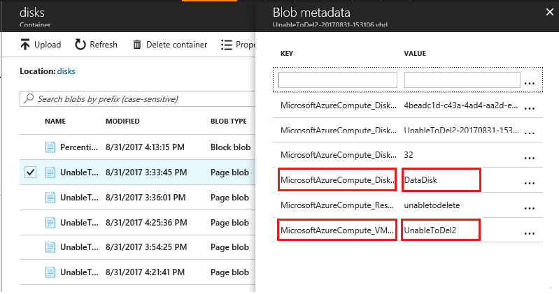 Captura de tela do portal com o painel Metadados do Blob de armazenamento aberto.