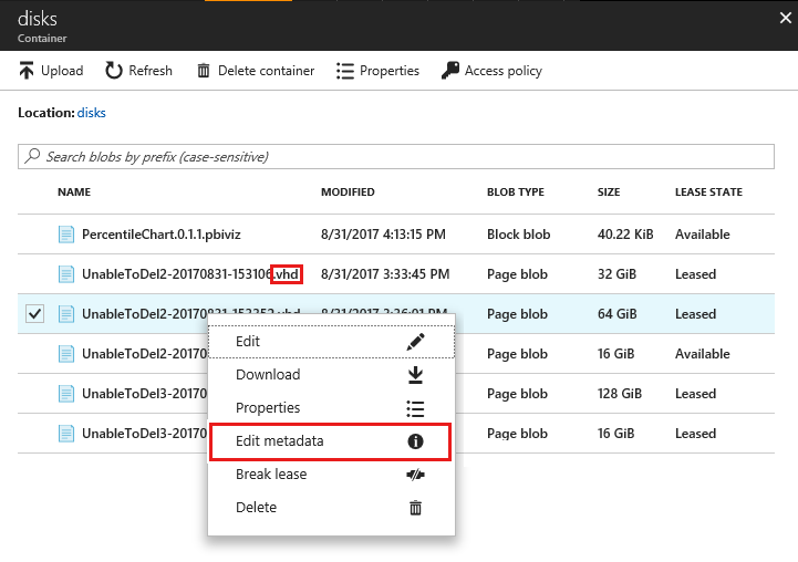 Captura de tela do portal com os blobs da conta de armazenamento. Editar metadados é realçado.