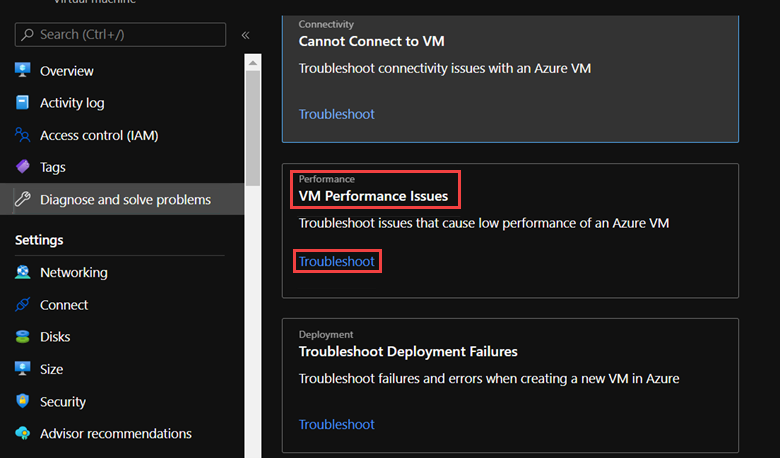 Captura de tela dos problemas de desempenho da VM na opção Diagnosticar e resolver o problema.