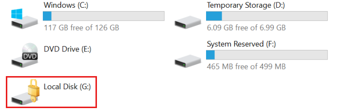 Captura de tela do My P C mostrando o volume G com um ícone de cadeado.