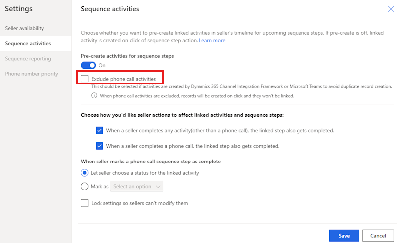Captura de tela que mostra a caixa de seleção Excluir atividades de chamada telefônica na página Atividades de sequência das configurações do acelerador de vendas.