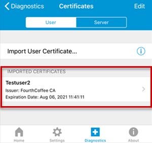 Captura de tela que mostra os certificados importados.