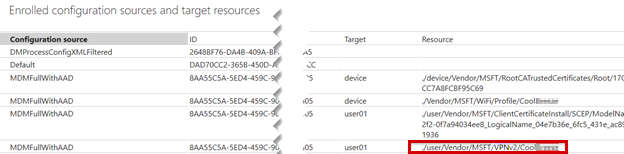 Captura de tela que mostra as informações de diagnóstico do MDM para o recurso de configuração.