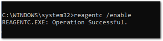 Exemplo de captura de tela para habilitar ReAgentC.exe no Prompt de Comando. Execute o comando reagentc /enable