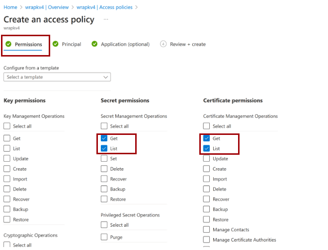 Captura de tela que mostra como adicionar políticas de acesso para o cofre de chaves do Azure.