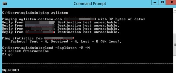 Captura de tela da janela do prompt de comando quando você faz ping no ouvinte para a disponibilidade do aglisten.
