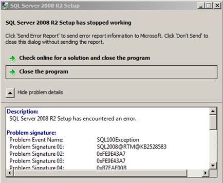 Captura de tela da mensagem de erro: A instalação do SQL Server 2008 R2 parou de funcionar.