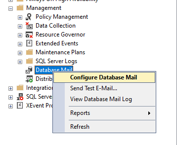 Captura de tela do item de log configurar o Database Mail no menu Database Mail.