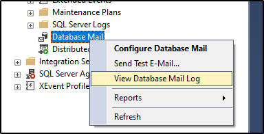 Captura de tela do item de log Exibir Database Mail no menu Database Mail.