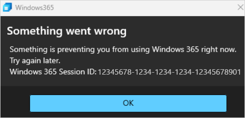 Captura de tela que mostra o erro que contém a ID da sessão do Windows 365.