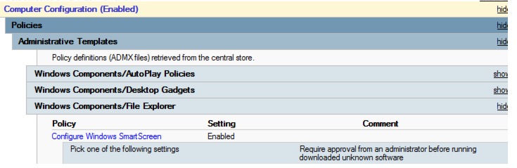 A captura de tela mostra que a política Configurar Windows SmartScreen está habilitada e há uma caixa Escolha uma das seguintes configurações com 1 item nesta política.