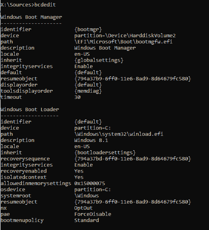 Captura de tela da saída bcdedit com informações detalhadas do Windows Boot Loader.