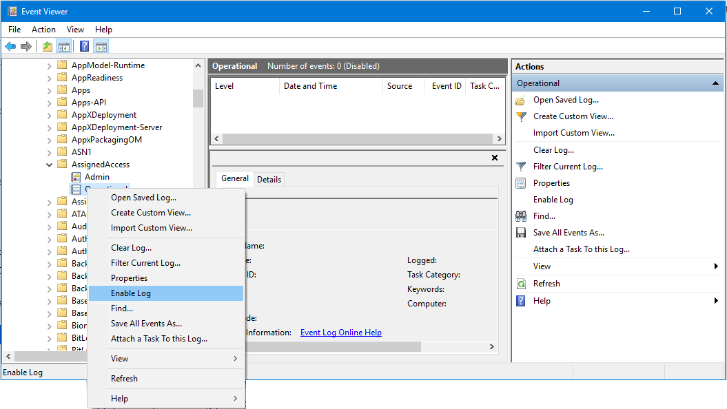 Captura de tela do Visualizador de Eventos com Ativar Log selecionado no menu, que é exibido clicando com o botão direito do mouse em Operacional.