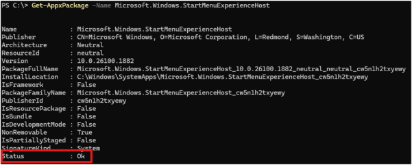 Captura de tela da saída Get-AppxPackage mostrando que um usuário individual tem o pacote do menu Iniciar instalado.