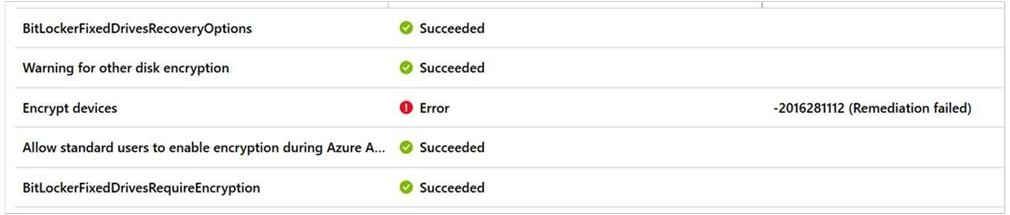 Captura de tela mostrando os indicadores de status do BitLocker no portal do Intune.