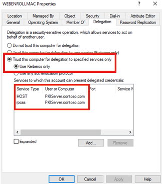 Configure a delegação na conta do computador do servidor Web.