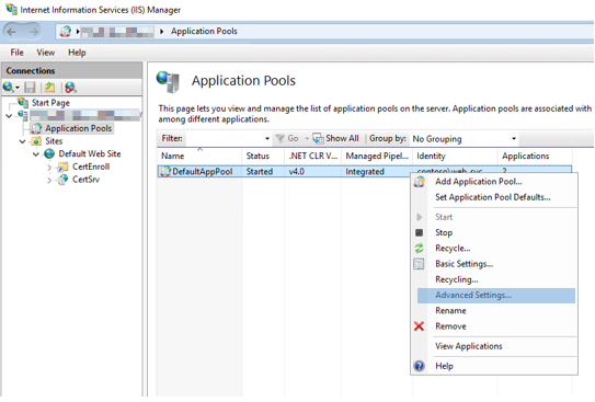 Defina as configurações avançadas dos pools de aplicativos.