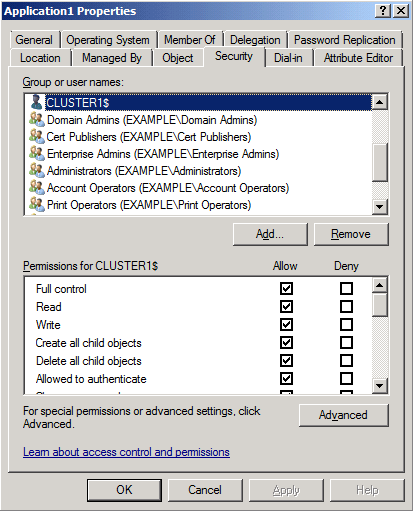 Captura de tela mostrando que a conta de nome do cluster está listada e tem a permissão Controle total.