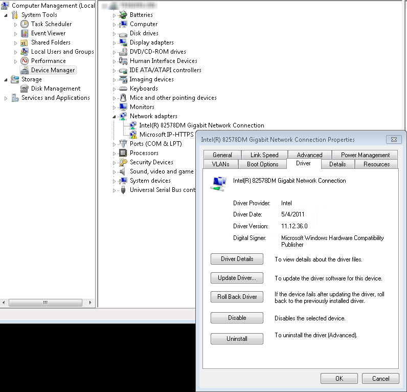 Captura de tela do painel Gerenciador de Dispositivos em Gerenciamento do Computador com uma janela de propriedades do adaptador de rede aberta, que mostra as informações do driver.