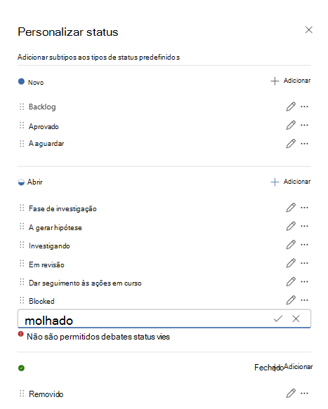 Captura de ecrã a mostrar as opções de status predefinidas e os estados personalizados.