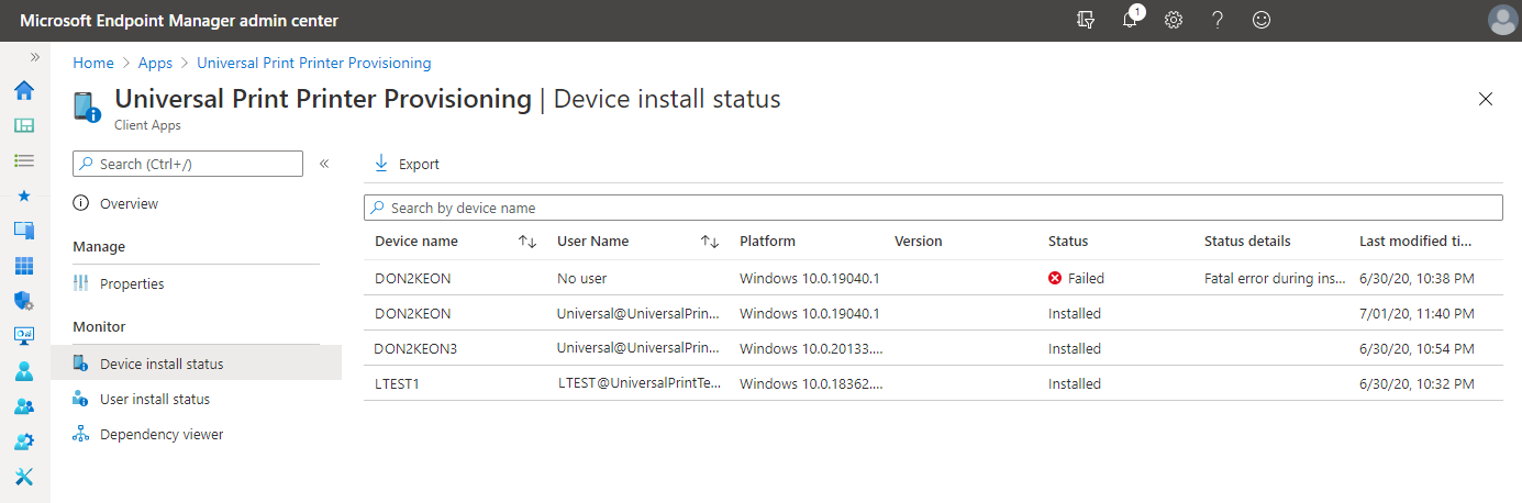 Relatório de instalação do dispositivo de aplicativo do Endpoint Manager