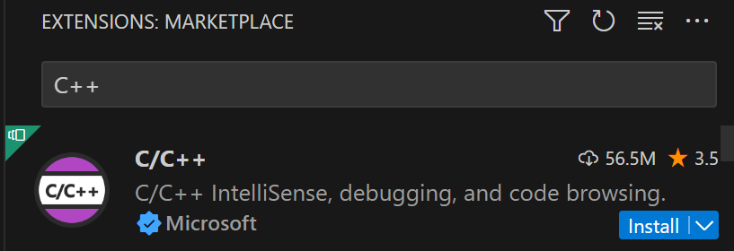 instalando a extensão de código do Visual Studio em C++