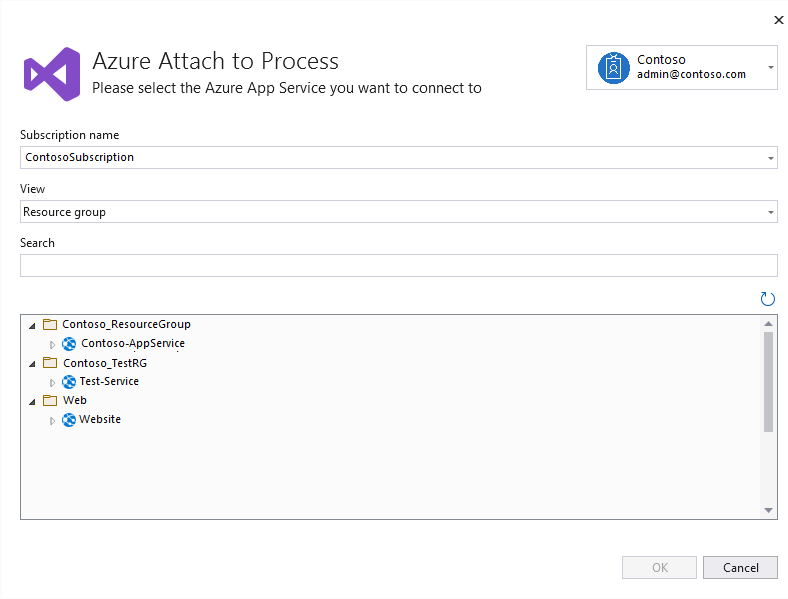 Captura de tela da caixa de diálogo Selecionar Serviço de Aplicativo do Azure, mostrando uma lista de serviços de aplicativo a serem selecionados.