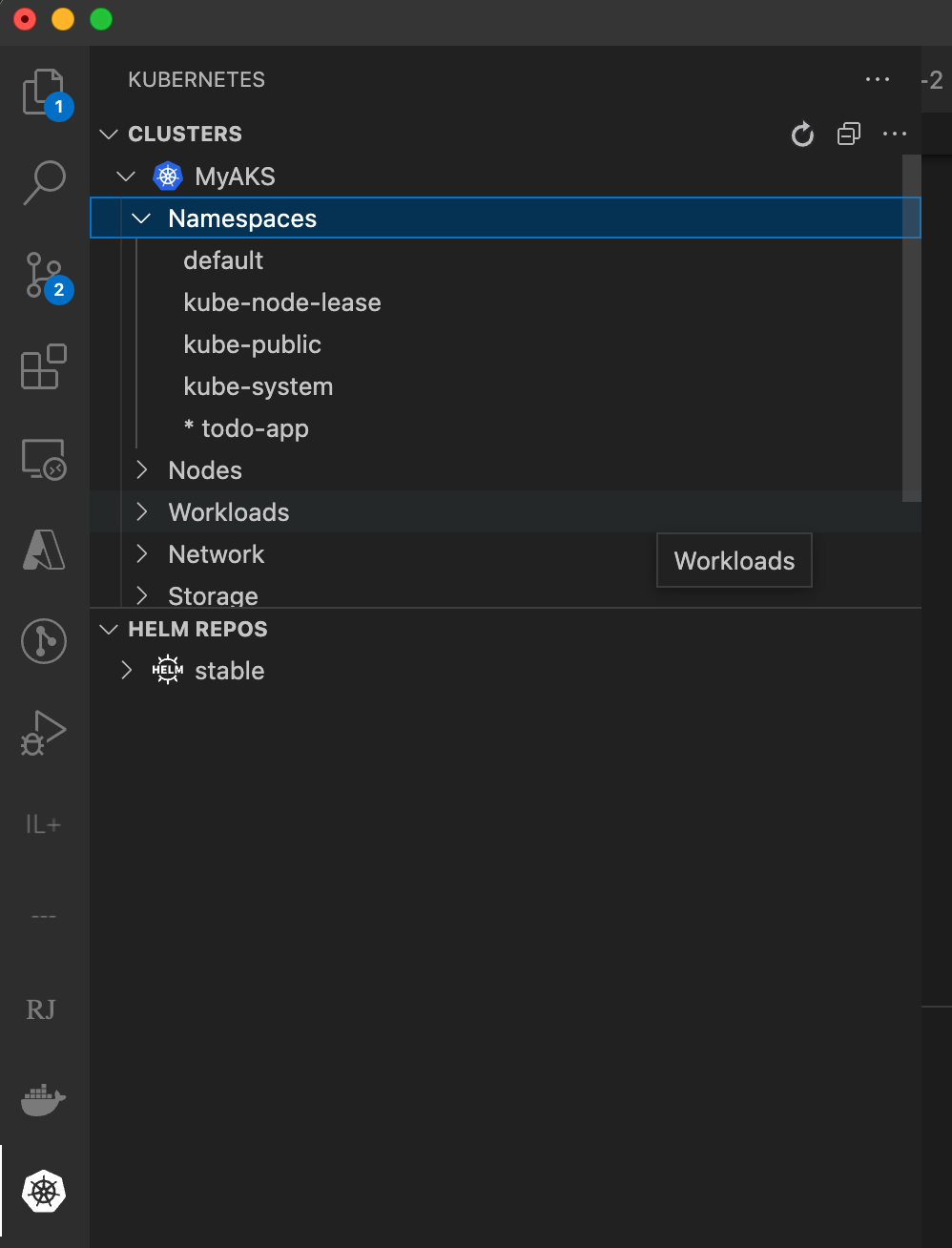 Captura de tela mostrando o Namespace Bridge to Kubernetes.