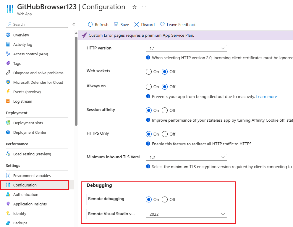 Captura de tela das configurações de depuração remota do Azure.