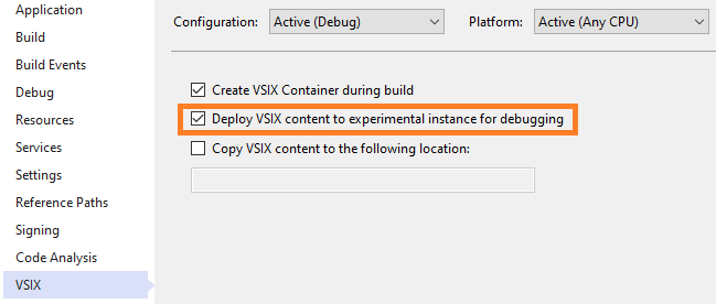 Propriedades do projeto VSIX.