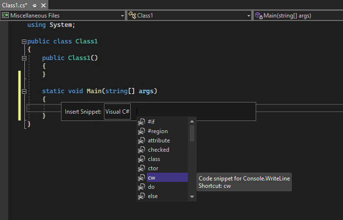 Captura de tela de um pop-up do IntelliSense para uma lista de snippets de código em C#.